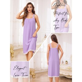 Vlazom Nighties for Women Sleeveless Cotton Nightgown Elegant Lace Trim Nightdress Sleep Shirt Sleepwear Light Purple,L