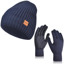 LCZTN Winter Beanie Hat and Touchscreen Gloves Set for Men and Women,Beanie Gloves Set with Warm Knit Fleece Lined (US, Alpha, One Size, Navy Blue)