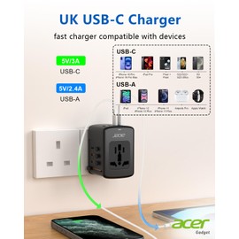 Acer 70W GaN Universal Travel Plug Adapter - International Power Adapter with 3 USB C & 1 USB A, Worldwide Power Outlet Travel Essentials for USA to European UK AUS Ireland, Type C/G/I/A, Black