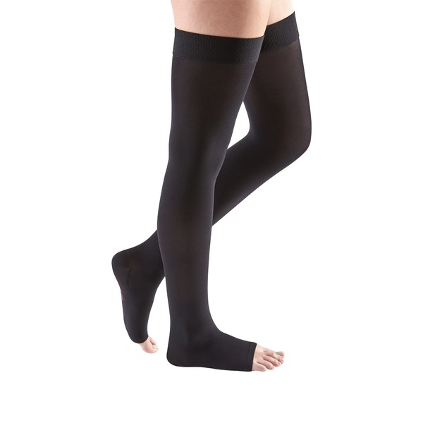 mediven comfort for women, 15-20 mmHg, Thigh High Compression Stockings, Open Toe, Ebony, I-Petite