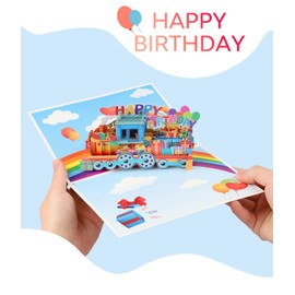 Magic Ants 3D Pop-Up Birthday Card with Cartoon Train – Brightly Colored Train with Balloons and Gifts – Fun Birthday Greeting Card for Kids and Train Lovers – Includes Envelope