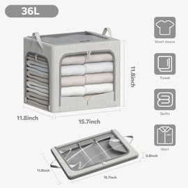 2 Pack Clothes Storage Bins- Foldable Storage Box with Metal Frame for Clothes Blanket Sweater Linen Fabric Storage Bins with 3 Opening Clear Window (Light Grey, 15.7"L x 11.8"W x 11.8"H(inch))