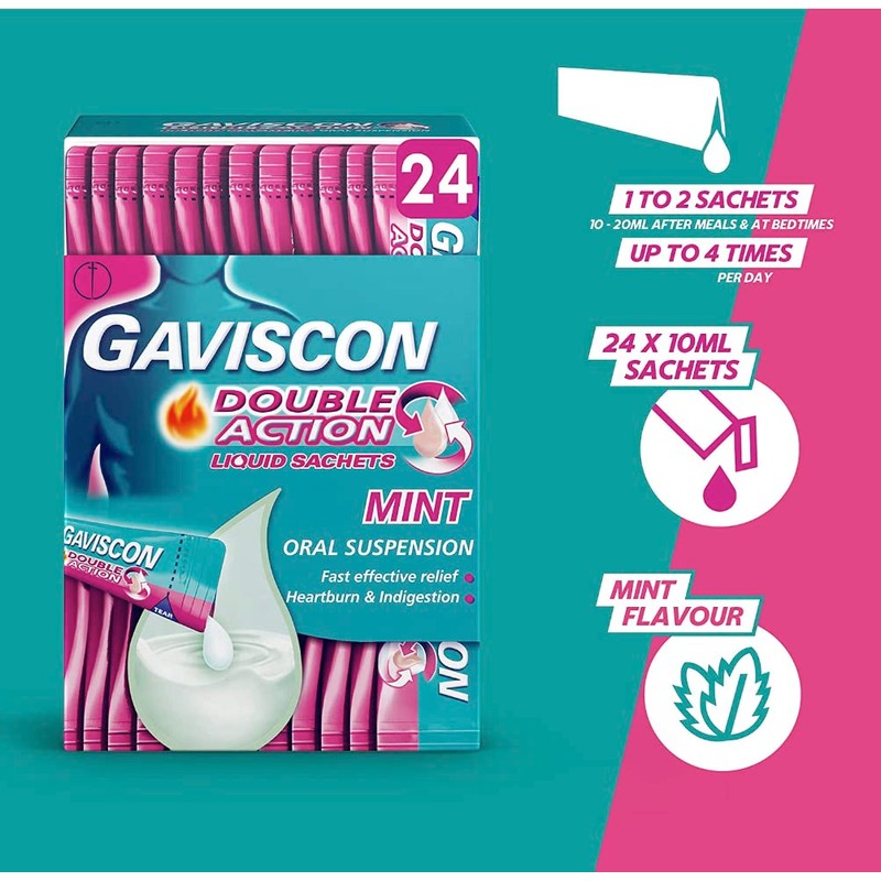 Gaviscon Double Action Heartburn & Indigestion Mint Flavour Sachets 24x10ml,