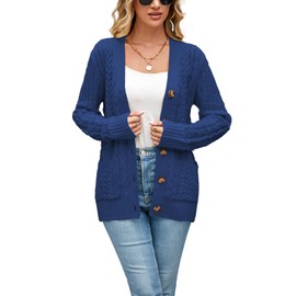 Womens Cardigan Sweaters Cable Knit Sweater 2025 Fall Winter Chunky Open Front Button Down Coats with Pockets Classic Blue US 4-6