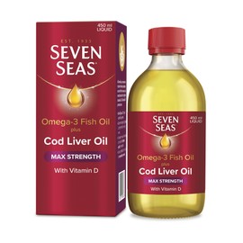 Seven Seas Omega-3 Fish Oil Plus Cod Liver Oil MAX Strength, with Omega-3, Vitamins D and Vitamin E. Food Supplement for Brain2 & Body1-4 Support, 450ml Liquid