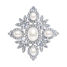 EVER FAITH Austrian Crystal Oval Simulated Pearl Wedding Chunky Flower Brooch Clear Silver-Tone
