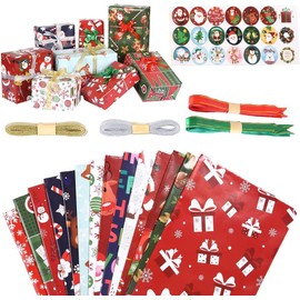 Christmas Wrapping Paper Set, 14 Sheets Christmas Paper Children, 70 x 50 cm in Folded Leaves with 2 Coloured Ropes, 14 Gift Bows and 1 Birthday Gift Tag Sticker