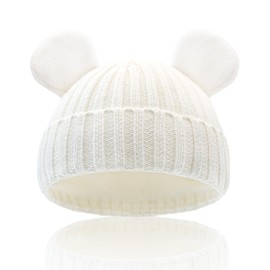 WATAME Baby Hats Cute Bear Ears Toddler Beanie Cotton Lined Newborn Beanie Girls Boys Warm Knitted Winter Hat (CA/US, Alpha, Large, White)