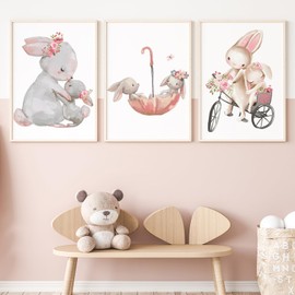 Zamety Pictures for Children's Room Decoration, Set of 3 Posters 30 x 40 cm, Children's Room Poster Pink Rabbit, Beautiful Wall Poster, Pink, Baby Room Decoration, Suitable for Room and Living Room