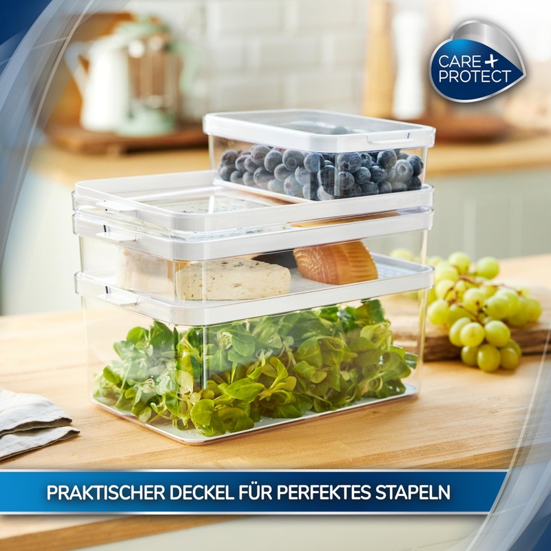 CARE + PROTECT Smart Food Container, Perfectly Stackable, Fridge Organiser,
