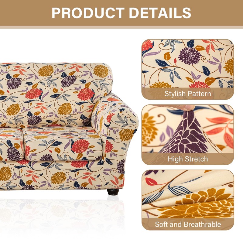 Lamberia Printed Sofa Cover for 2 Cushion Couch High Stretch