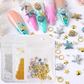 MOLILON 2 Bags Gold Silver Caviar Beads Nail Art Charms, Alloy Mini Nail Ball Beads + 1 Bag Summer Resin Ocean Nails Charms and Gems, Star Shell Nail Art Studs for Beach Themed DIY Manicure Supplies