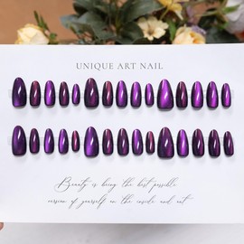 MouyouGlow Short False Nails, Square Dark Purple Plain Cat Eye Magnetic Cat Eye Press on Nails with Nail Glue, Dark Purple Phototherapy Fake Nails for Women and Girls