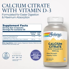 Solaray Calcium Citrate w/Vitamin D3 1000mg, Healthy Bones & Teeth, Heart, Muscle & Nerve Support, 60 Serv, 240 VegCaps