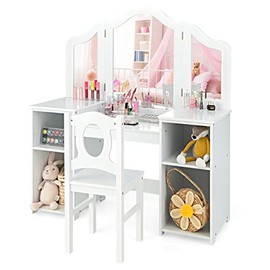 INFANS Kids Vanity, 2 in 1 Princess Makeup Desk & Chair Set with Tri-Folding Detachable Mirror, Large Storage Shelves, Wooden Dressing Table,Pretend Play Vanity Set for Girls
