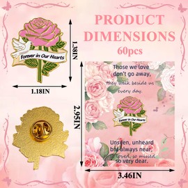 60 Sets Funeral Rose Memorial Pins with Sympathy Cards, Forever in Our Hearts Rose Lapel Pins for Celebration of Life, Sympathy Gifts, Bereavement Remembrance Favors for Funeral Memorial Service
