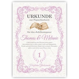 Personalisierte Urkunde zum 1. Hochzeitstag Geschenk zur Papier Hochzeit | Papierhochzeit Karte Personalisiert mit Namen | 1. Jahrestag Geschenkidee Deko DIN A4 (Lila)