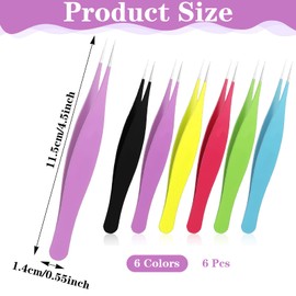 6 Pieces Needle Nose Tweezers Stainless Steel Ingrown Hair Tweezers Pointed Tweezer Precision Fine Point Tip Tweezer Blackhead Remover for Nose Facial Hair Eyebrow Blackhead Remover Assorted 6 Colors