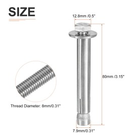 DTGN M8 x 80 Hex Expansion Bolts - 15Pack - Good for Concrete Dry Brick Block Walls - 304 Stainless Steel - Silver