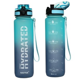 NAVTUE Water Bottle, 32 oz Sports Water Bottles with Time Marker Wide Mouth, Motivational and Leakproof Drink Bottle, BPA Free Tritan with Carry Strap for Gym Fitness Outdoor(Direct Drink)