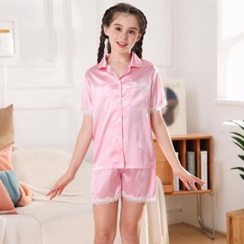Sahunfri Girls Satin Pyjamas Set, Soft & Lightweight Sleepwear with Button Closure & Lace Trim Pjs, 8-15 Years Kids Pjs for Summer (UK, Numeric, 150, Regular, Pink)