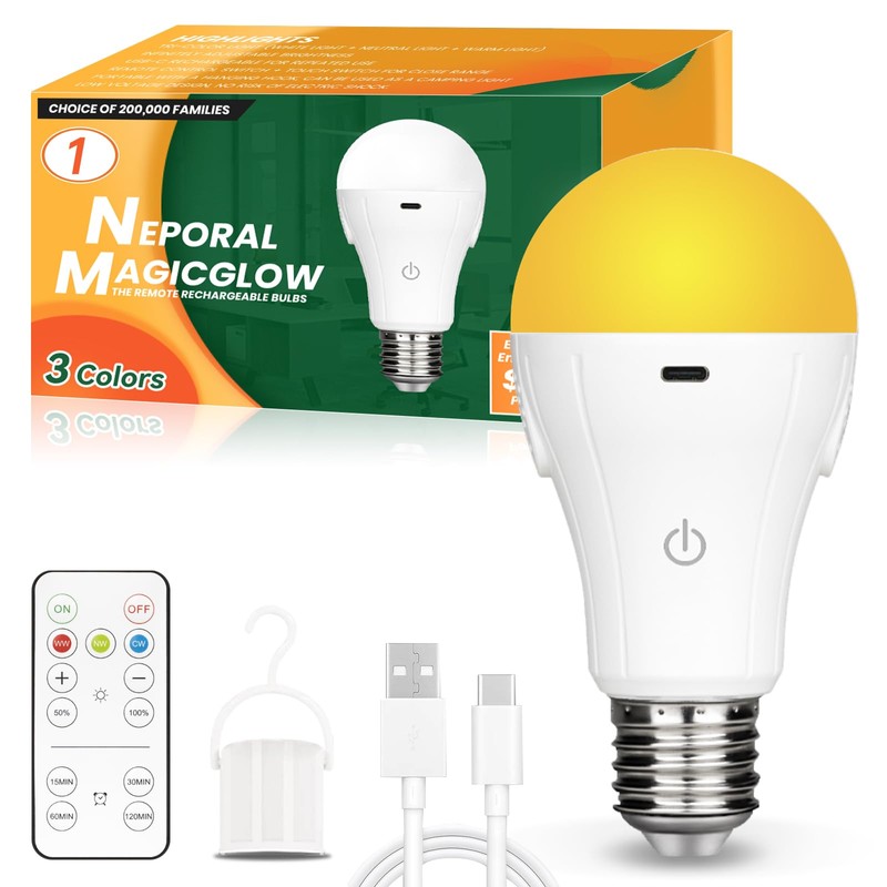 Neporal MagicGlow Rechargeable Light Bulbs with Remote – Battery Operated,