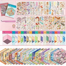 20 Sets 3D Sticker Scenes Books with Tweezers,Cute Fun DIY 3D House Stickers Make Your Own Miniature Room Classroom Kitchen Gym Coffee Shop for Adult Therapy Relief Stress Pass The Time