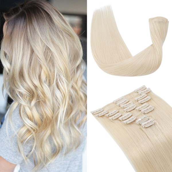 TESS 50 cm Clip-In Real Hair Extensions, Platinum Blonde, 8 Pieces, Clip-In Real Hair, 70 g, Blonde Clip-In Hair Extensions, Remy Real Hair