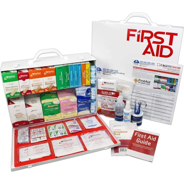 OSHA & ANSI 2 Shelf Industrial First Aid Cabinet with Pocket Liner, 75 Person, 556 Pieces, 2015 Class A+, Types I & II, Made in USA by Urgent First Aid™ with Extra Content & ANSI First Aid Guide