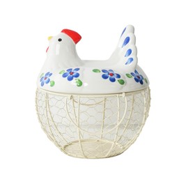 Decorative Egg Basket for Counter,Ceramic Chicken Lid with Wire Basket, Holds 20-25 Eggs