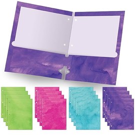 Global Printed Products Deluxe Designer Pocket Folders, Letter Size, 3-Hole Punched, 4 Patterns, 16/pk (Watercolor Solid)