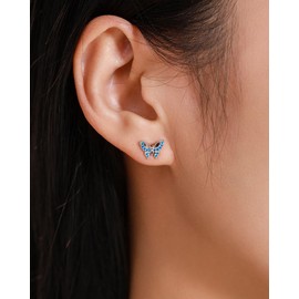 Blue CZ Butterfly Earrings Studs 925 Sterling Silver Crystal Tiny Small Cartilage Tragus Stud Earrings Hypoallergenic Ear Jewelry Gifts for Women Girls