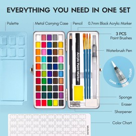 SRUOLOC Watercolor Paint Set 50 Colors, Travel Watercolor Set with Portable Carrying Case, Papers, Brushes and Accessories, Ideal for Artists, Amateur Hobbyists and Painting Lovers