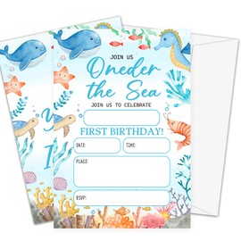 Fbitey Oneder the Sea Birthday Invitations with Envelopes, Under the Sea Birthday Party Invites, Ocean Animals Whales Birthday Party Supplies Decorations & Favor-C09