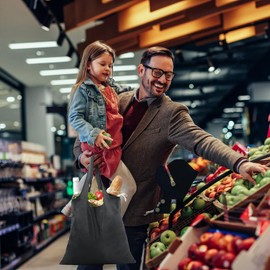 4 bolsas de la compra plegables con bolsa adjunta, negro, lavables, duraderas y ligeras, 48 x 36,5 cm, bolsa de la compra reutilizable, para la compra diaria de alimentos, Negro, L