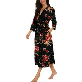 PrinStory Women's Bathrobe, Lightweight, 3/4 Sleeve, Dressing Gown, V-Neck, Kimono Robe, Long Sleepwear, Brown Black