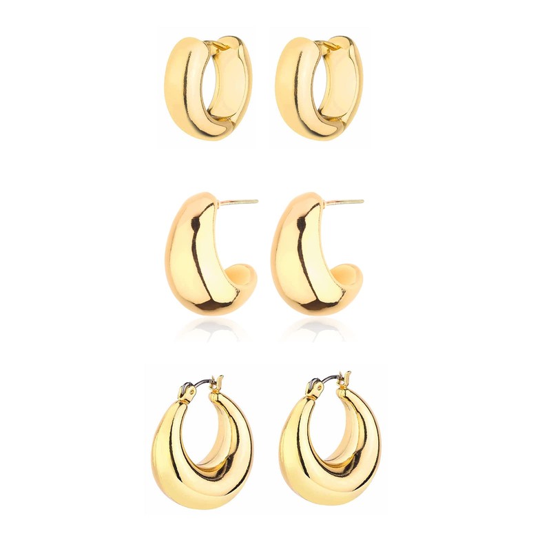 HILXURY Gold Chunky Hoop Earrings Set for Women, 14K Gold