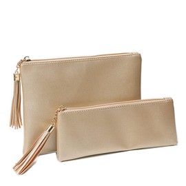 FASHLANLIKA Cosmetic Bag for Purse Leather Zipper Makeup Pouch with Makeup Brush Bag Cute Makeup Bags for Women Travel (Metallic Golden)