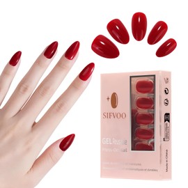 Sifvoo Press on Nails, Short Red Press on Nails Almond Reusable Glossy Red Nails Soft Gel False Nails Press ons for Women, 15 Sizes 32 Count Nails Kit with Glue (SV-03)