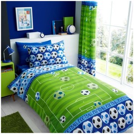 VELVETIO Easy Care Single Kids Duvet Cover Set with Pillowcase, Boys & Girls Football Bedding Bedset, Ultra Soft Reversible Soccer Sport Comforter Quilt, Blue