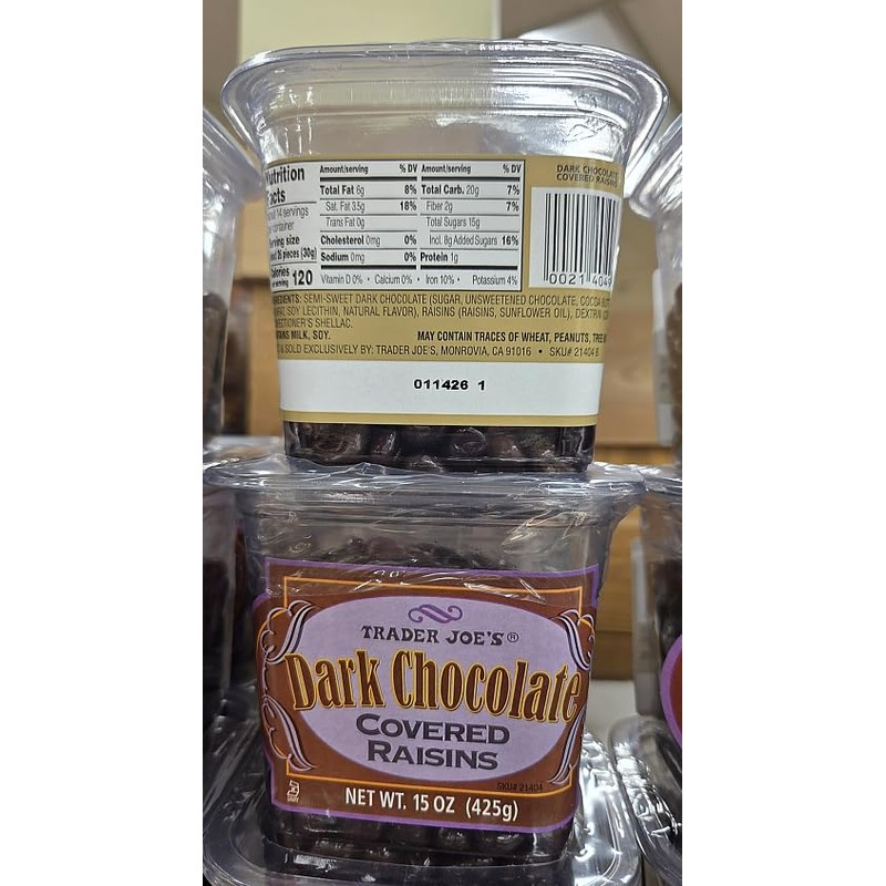 Trader Joe Dark Chocolate Covered Raisins 15oz 425g (Two Tubs)