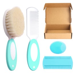Baby Hair Brush and Comb Set, 4Pcs Baby Soft Bristles Brush Cradle Cap Brush Hair Comb for Newborns Toddlers Boys Girls (Green)