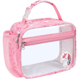 BrainyBees Clear Lunch Bag for Kids - Reusable Clear Lunch Box Clear Snack Bag Heavy Duty Transparent Stadium Approved Kids Lunch Bag for School Travel Picnic, Pink Unicorn