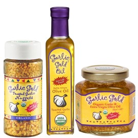 Garlic Gold Garlic Gold Organic Garlic Bundle: Toasted Granules, Crunchy Nuggets & Garlic-Infused Olive Oil - USDA Organic, Keto, Paleo, Low FODMAP (8.44 Fl Oz, 6.4 oz, 2.1 oz)