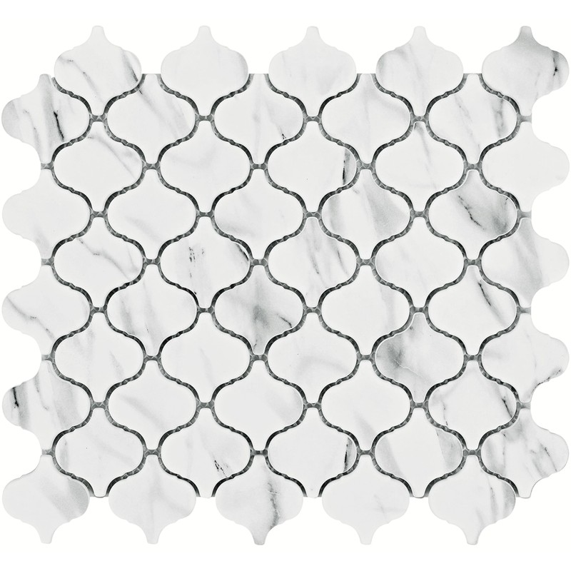 Recycled Glass Mosaic Tile: Arabesque Lantern Pattern, Carrara Marble Look,