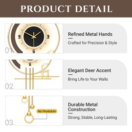 Wall Clocks for Living Room Decor, Large Wall Clocks Decorative Deer Modern Wall Clock Battery Operated Non Ticking for Bedroom Office Kitchen Big Silent Clock Wall Decor （31.5 * 15.7 Inch）