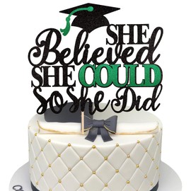 1 decoración de pastel de She Believed She Could So She Did con tapa de graduado con purpurina, decoración de pasteles de graduación para adultos mayores 2023, suministros de decoración de fiesta temática de graduación 2023, color negro y verde