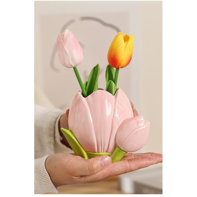 Hosoncovy Ceramic Tulip Makeup Brush Organizer Pot Makeup Brush Holder
