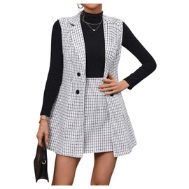 Floerns Women's 2 Piece Outfit Workwear Plaid Print Lapel Neck Vest Blazer and Skirt Set Black and White Small