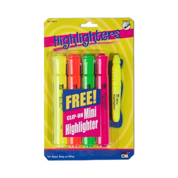 Charles Leonard Barrel Hi-Liters Combo Pack, 4 Highlighters: Pink, Orange,
